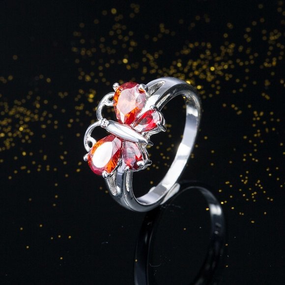 Elegant Silver Butterfly Ring with Red Accents - Picture 3 of 4